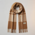 Plaid Wool Scarf with Fringe – Oversized Winter Wrap — Brown Camel