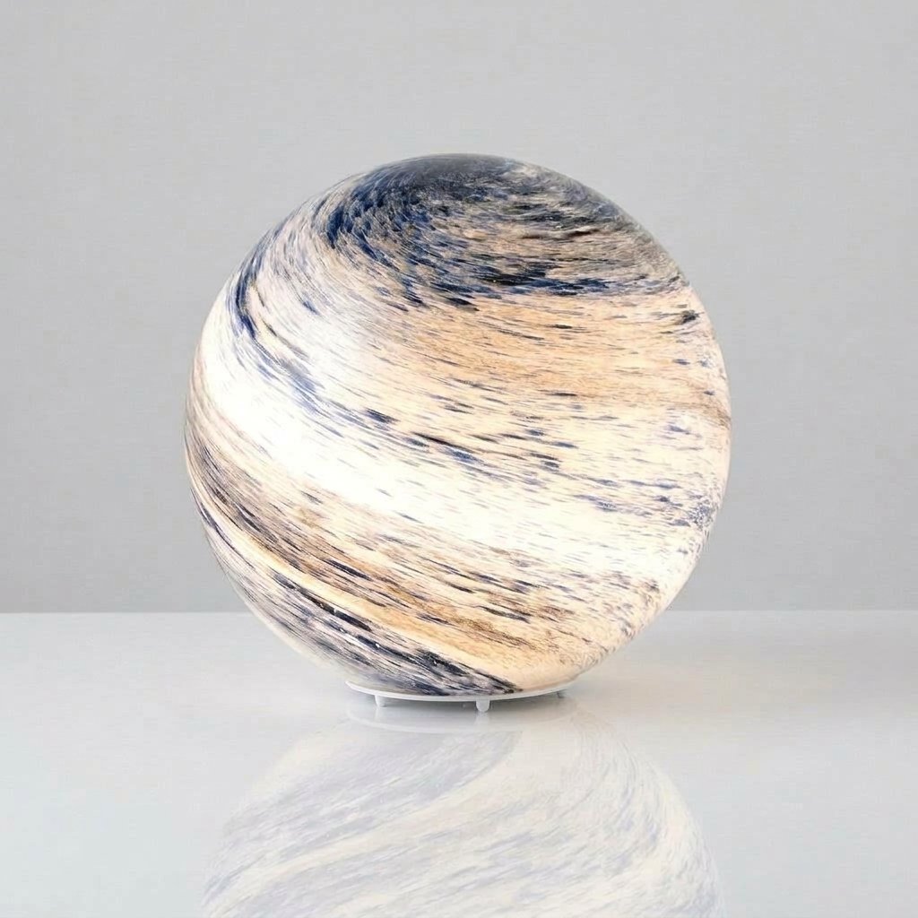 Planet Globe Table Lamp, sculpted glass, warm glow — M 12cm