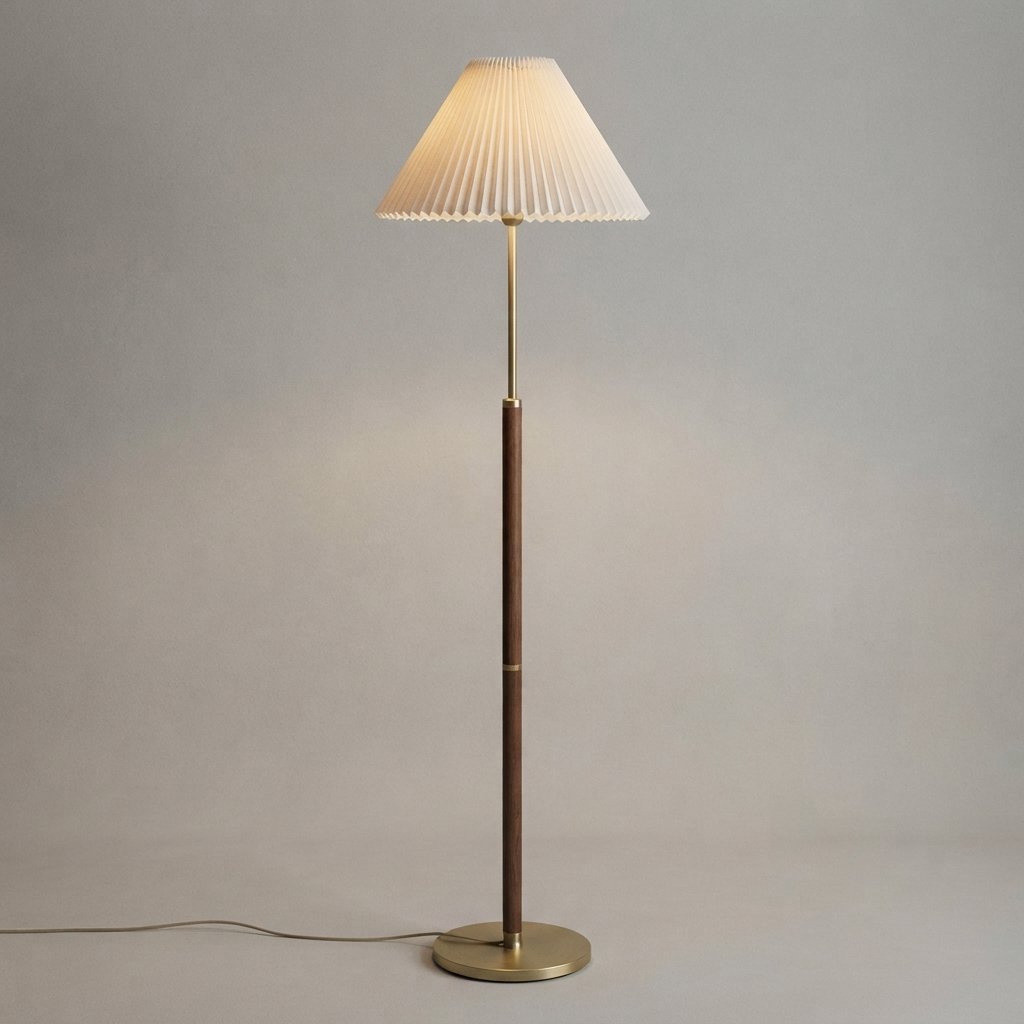 Pleated Fabric Floor Lamp with Walnut & Brass Finish — Floor Lamp