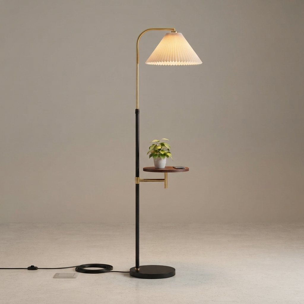 Pleated Floor Lamp with Side Shelf, Gold & Black — Gold-Black