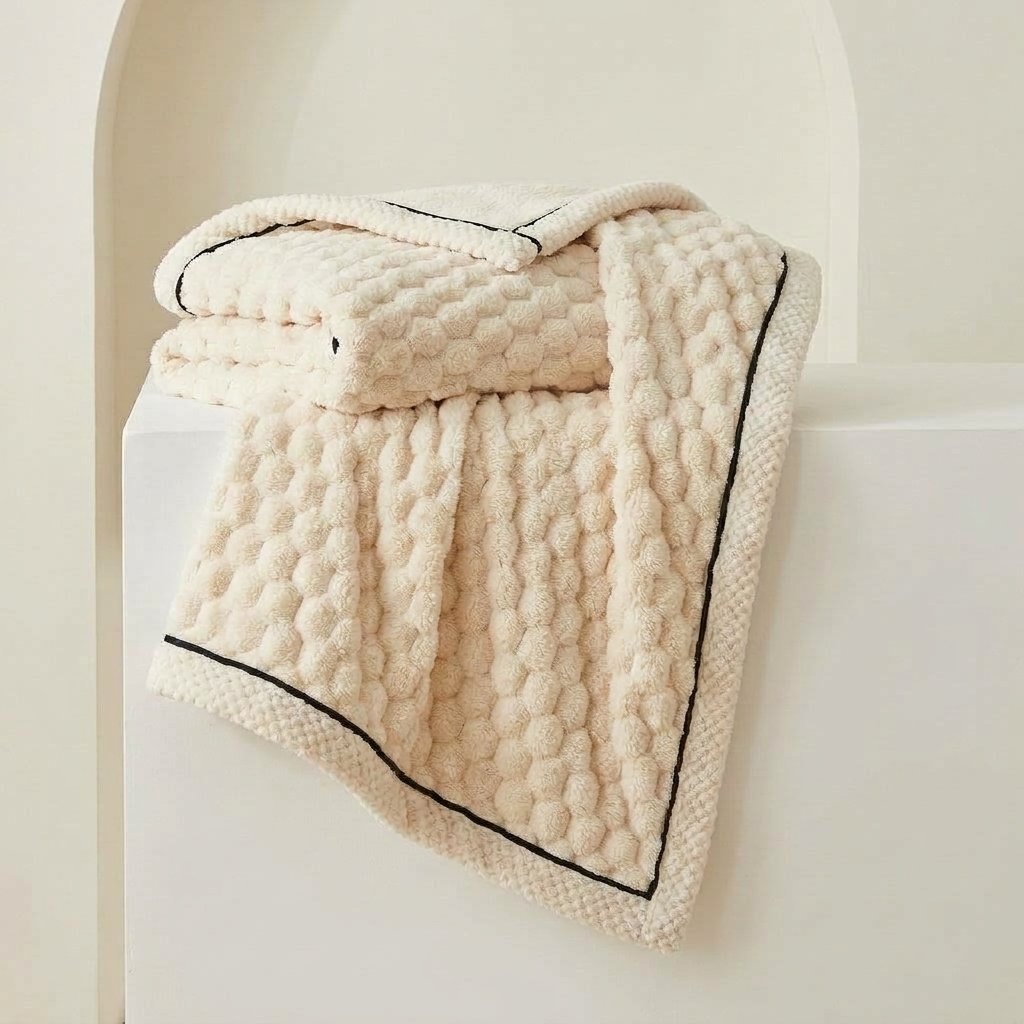 Plush Microfibre Throw Blanket, Bubble-Texture Fleece — Ivory Cream