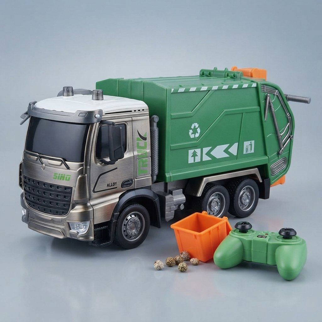 RC Garbage Truck with Lights & Sounds, 1:24 Scale — Elf Music Alloy Waste Remote Control Car