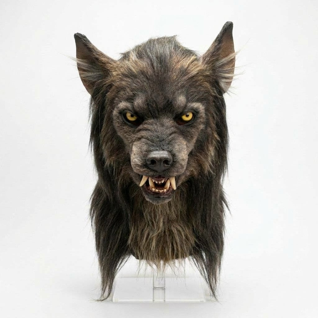 Realistic Full-Head Werewolf Mask with Faux Fur, Fangs and Yellow Eyes — Brown/Grey/Black