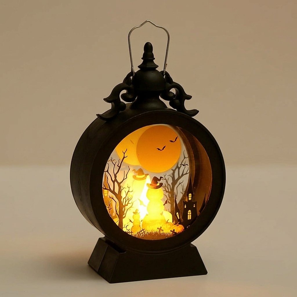 Retro Halloween Lantern with Warm LED Glow and Cut-Out Scene — Pumpkin