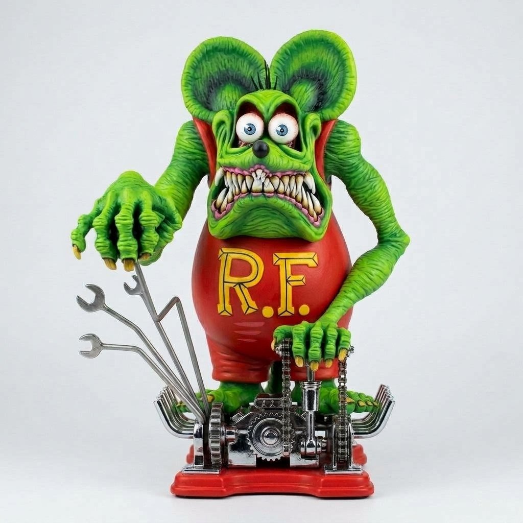 Retro Hot Rod Monster Collectible Figure – Hand-Painted Resin Model with Car Base — Rat Fink