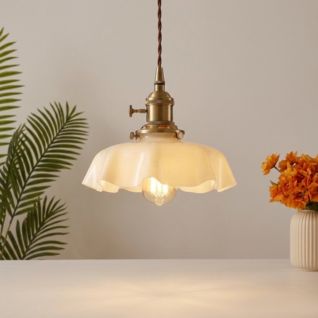 Scalloped Glass Pendant Light with Brass Fitting — White