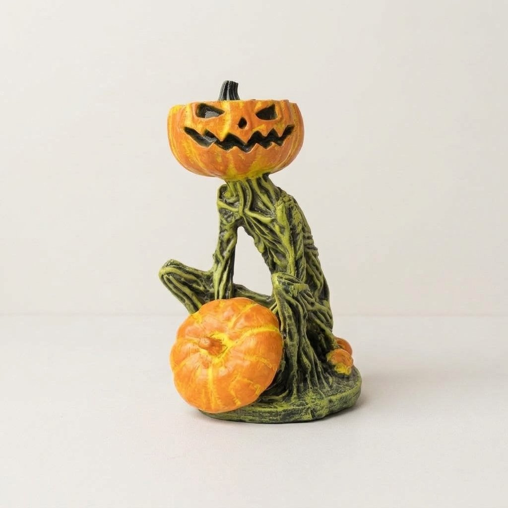 Seated Pumpkin Head Skeleton Statue – Halloween Resin Figurine in Orange and Green — Default