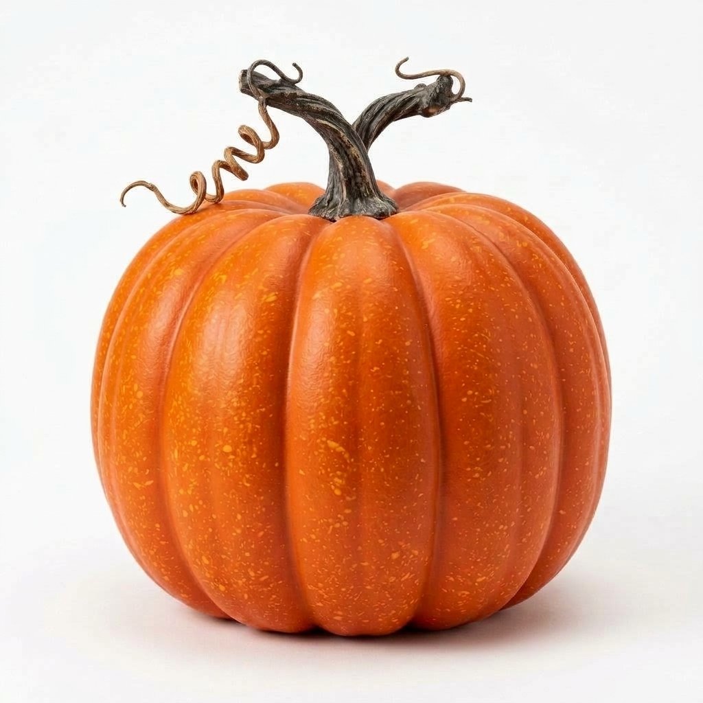 Set of 7 Artificial Foam Pumpkins with Ribbed Texture and Curved Stems – Autumn and Halloween Decoration — Orange