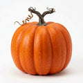 Set of 7 Artificial Foam Pumpkins with Ribbed Texture and Curved Stems – Autumn and Halloween Decoration — Orange