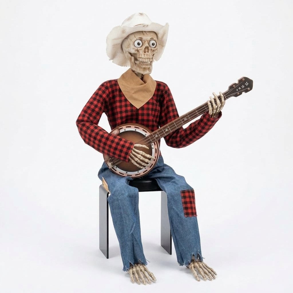 Sitting Banjo-Playing Skeleton Halloween Decoration with LED Glowing Eyes and Interactive Movement — Red