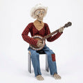 Sitting Banjo-Playing Skeleton Halloween Decoration with LED Glowing Eyes and Interactive Movement — Red