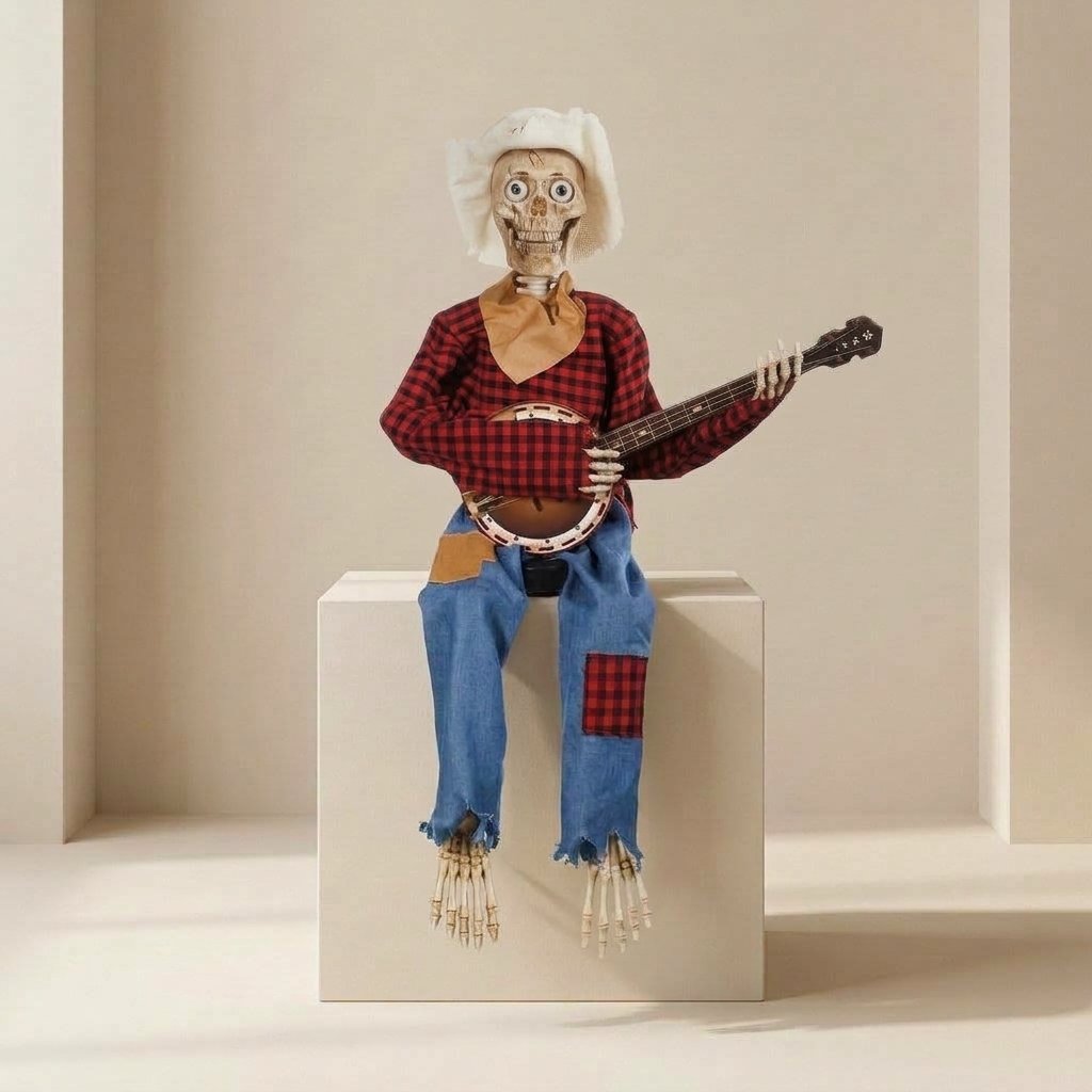Sitting Skeleton Banjo Player with Glowing LED Eyes – Halloween Decoration — Red