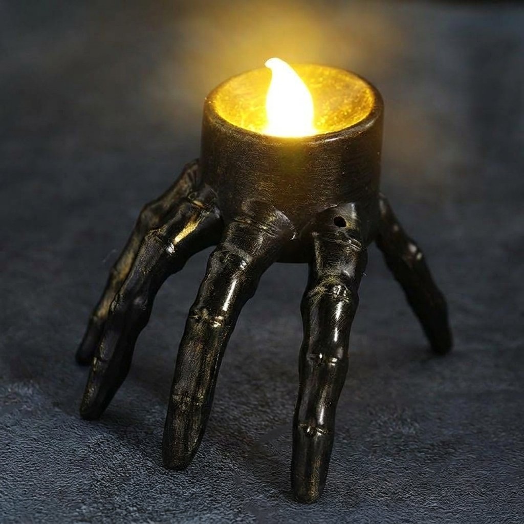 Skeleton Hand and Skull Flameless LED Tealight Candle Holder with Flickering Glow — Finger Candle