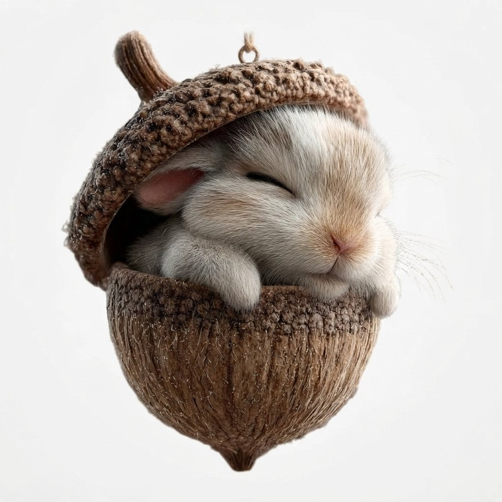 Sleeping Woodland Animal Acorn Ornament with LED Lights — Rabbit