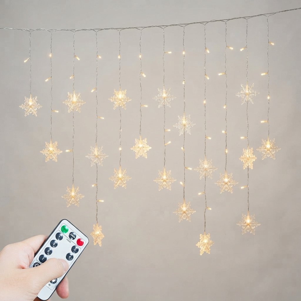 Snowflake Curtain Lights USB with Remote, 8 Modes — Warm