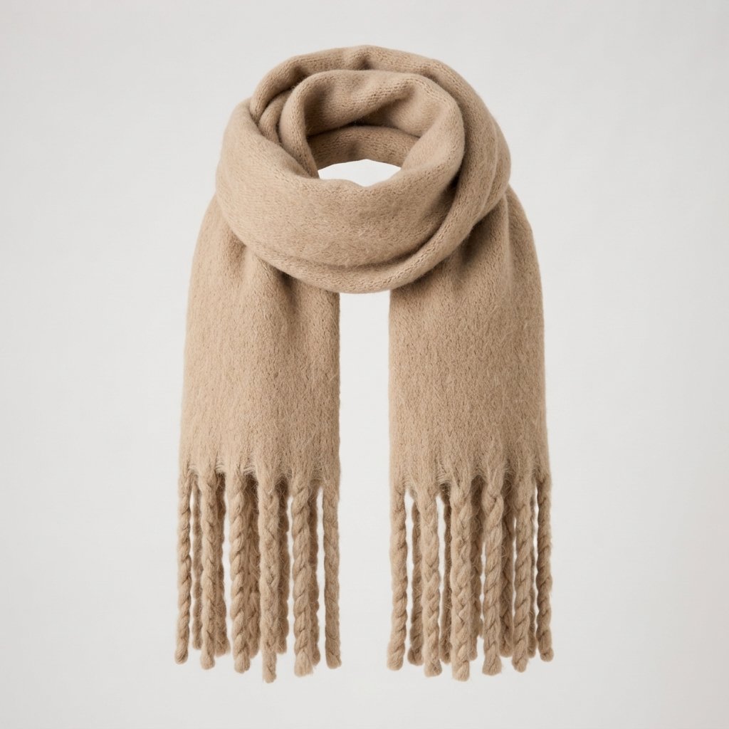 Soft Fringed Scarf – Fluffy Winter Wrap — Beige