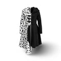 Split-Design Villain Character Costume Dress with Dalmatian Spot Print and Attached Hood — Black/White