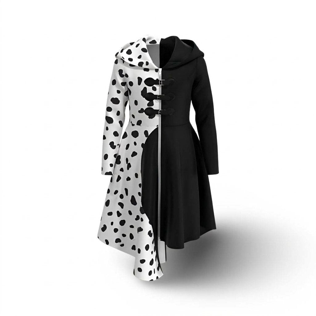 Split-Design Villain Character Costume Dress with Dalmatian Spot Print and Attached Hood — Black/White