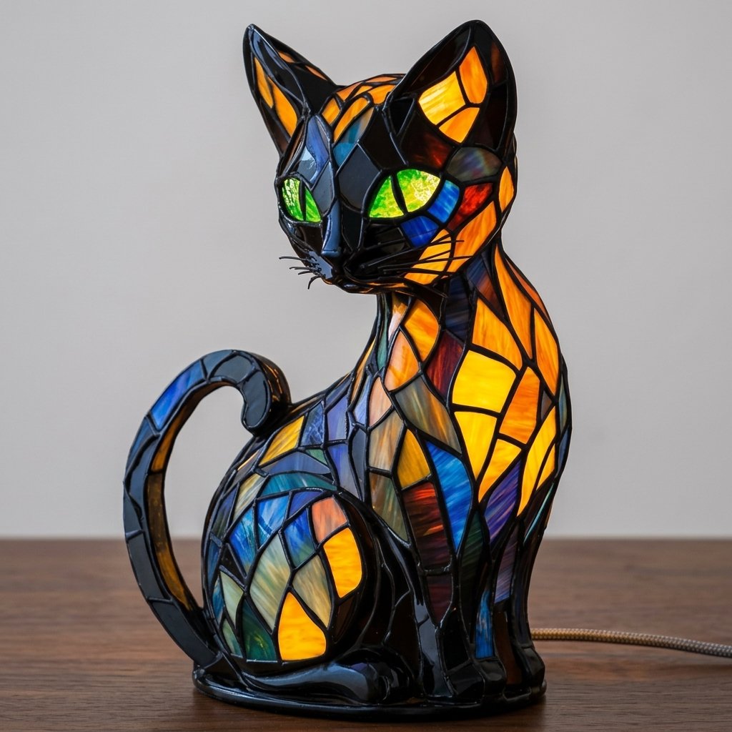 Stained Glass Cat Table Lamp, Mosaic Resin Sculpture — 15CM USB