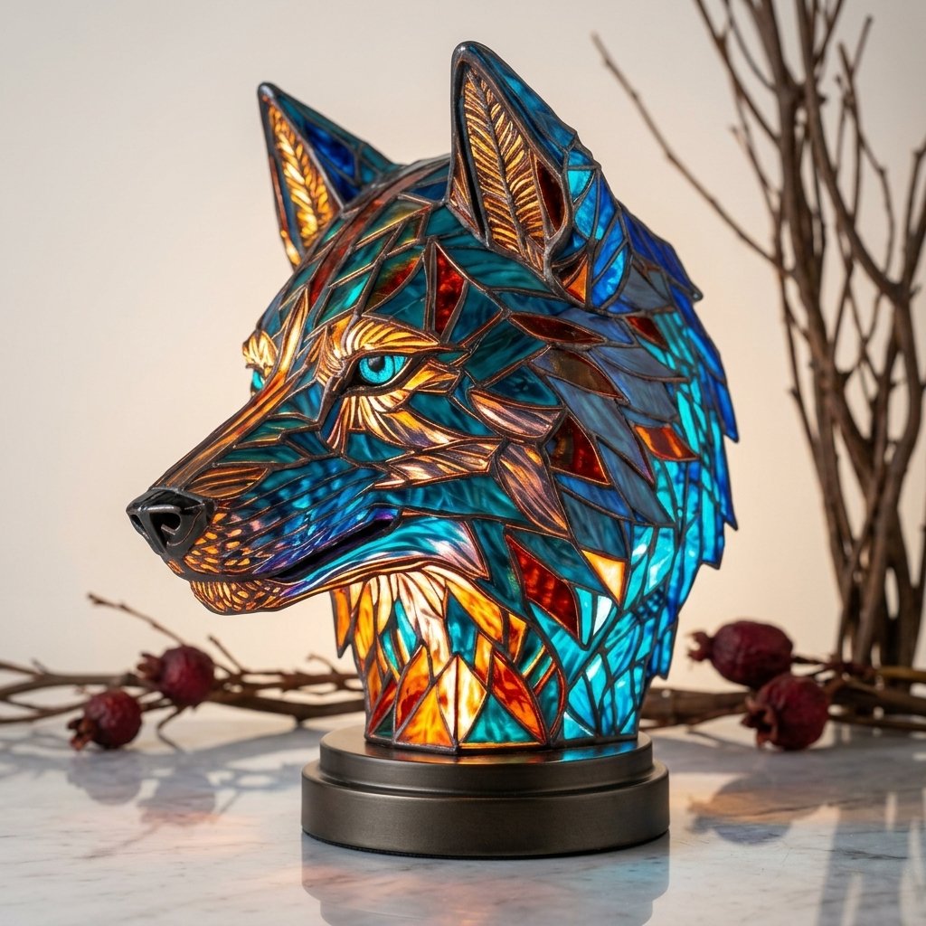 Stained Glass-Look Animal Table Lamp, USB LED — Wolf