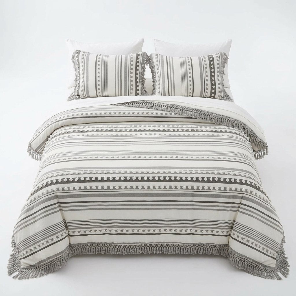 Striped Cotton Duvet Set with Tassel Detail — Blue