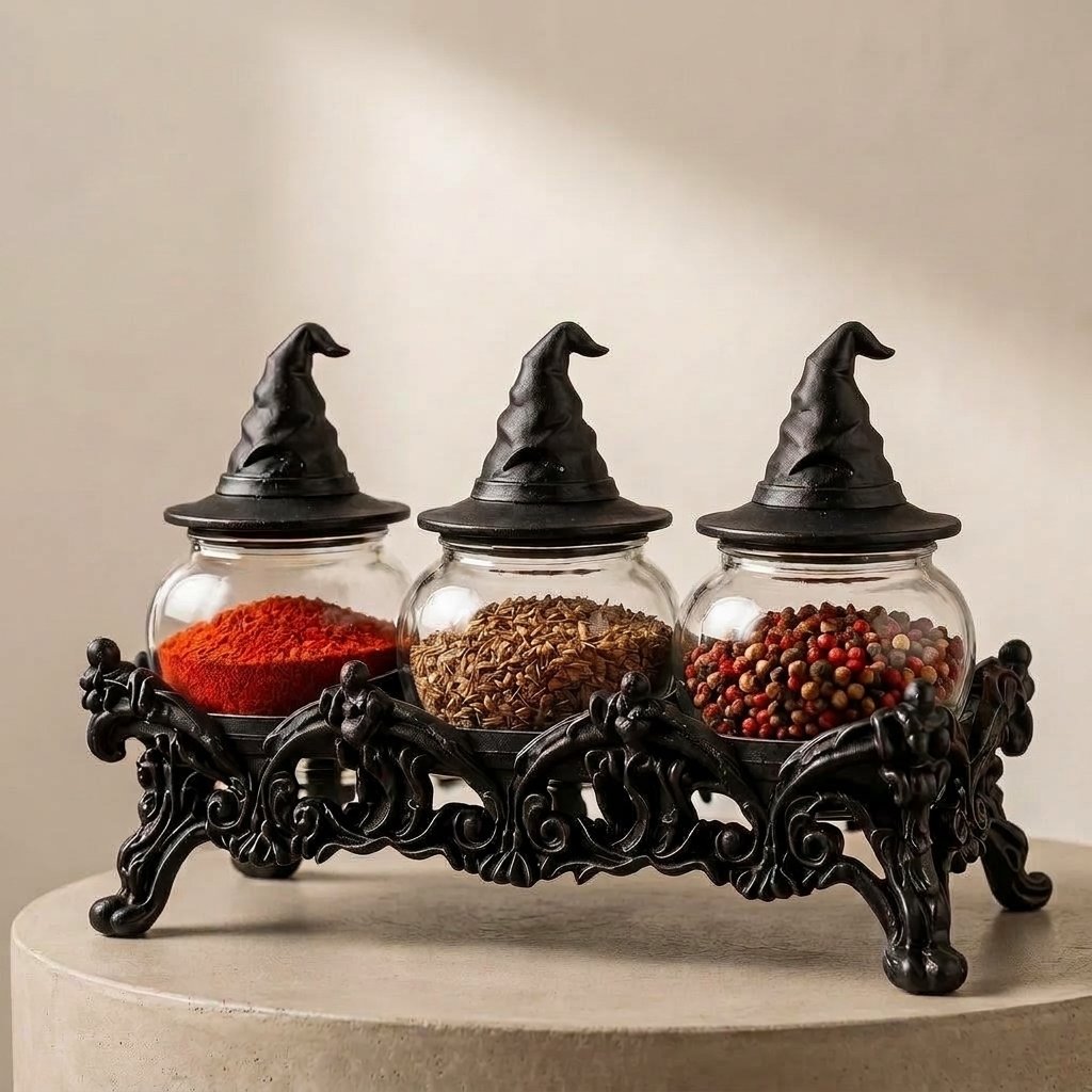 Three-Jar Spice Set with Witch-Hat Lids and Ornate Countertop Rack — Default