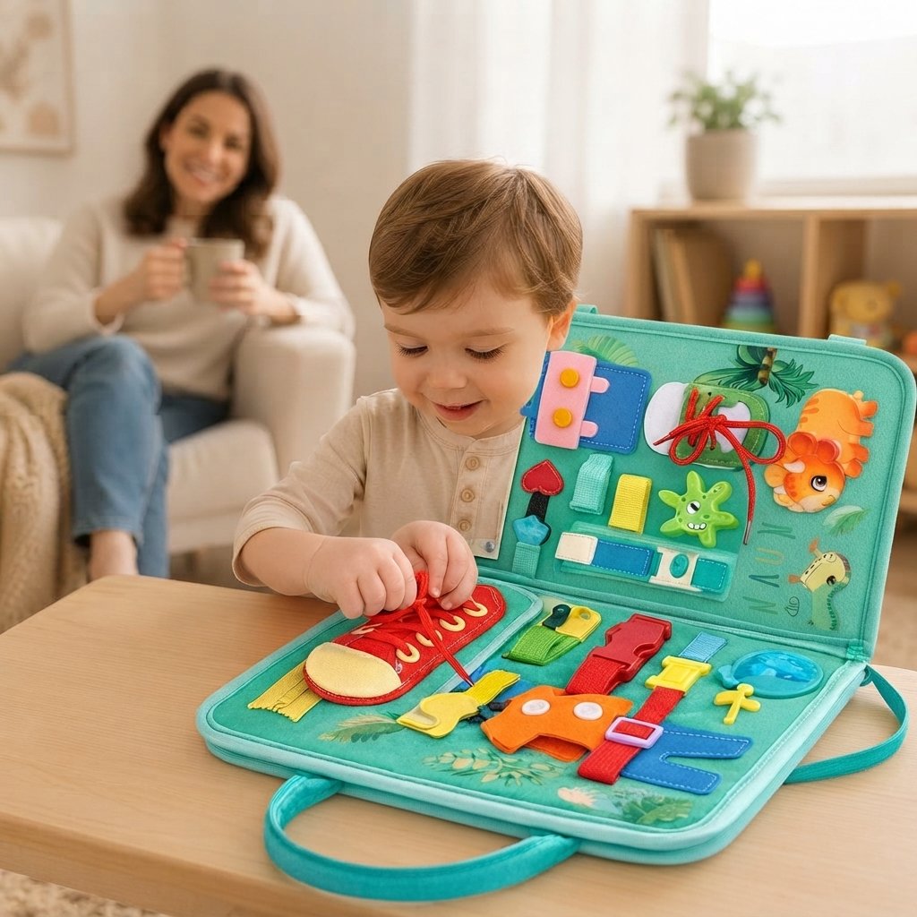 Toddler Busy Board with Shapes, Zips and Lacing Activity — Mint Green