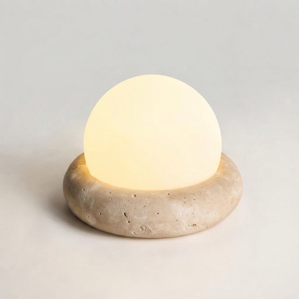 Travertine Globe Table Lamp with Opal Acrylic Shade — Beige & White