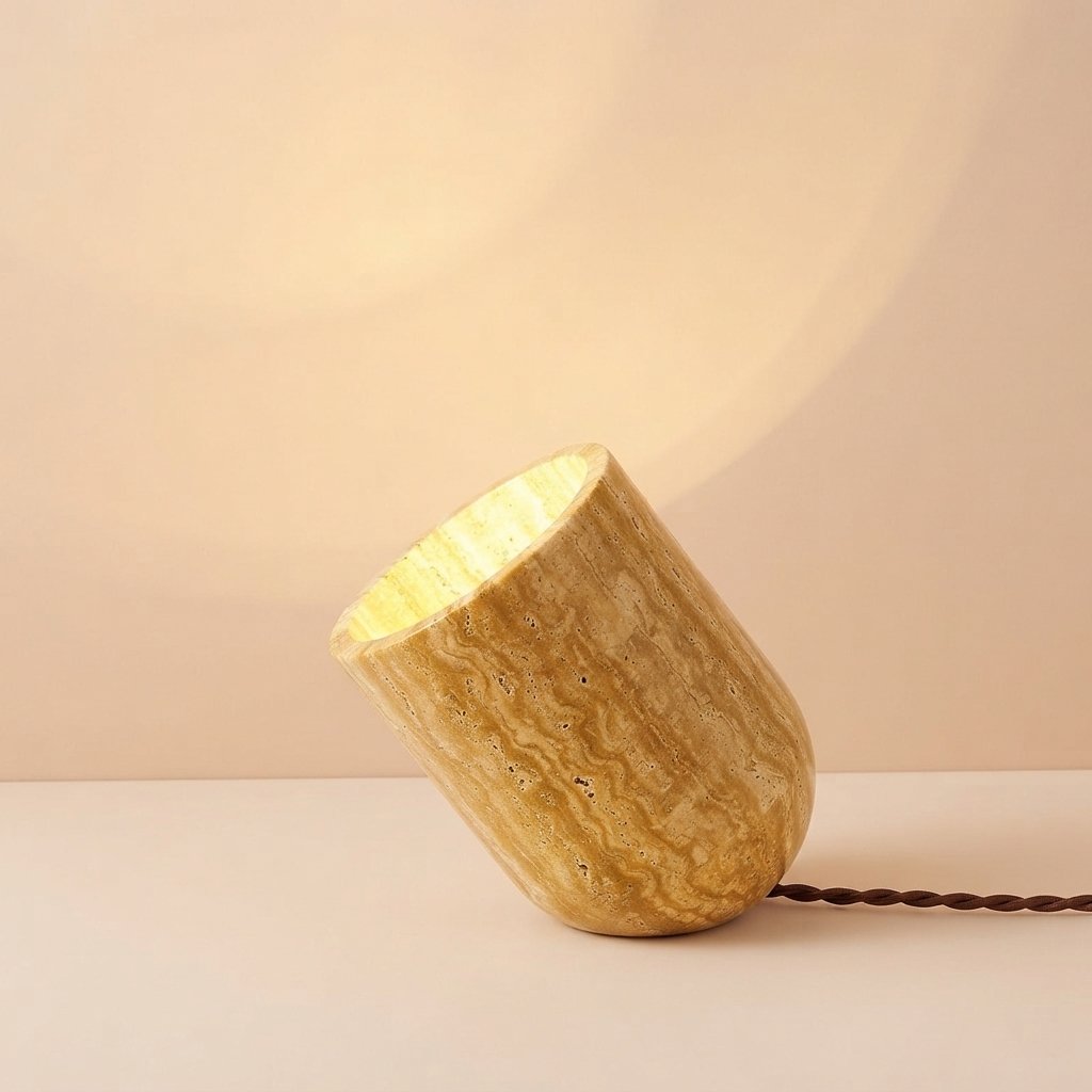 Travertine Stone Table Lamp with Tilted Shade — Yellow Travertine.