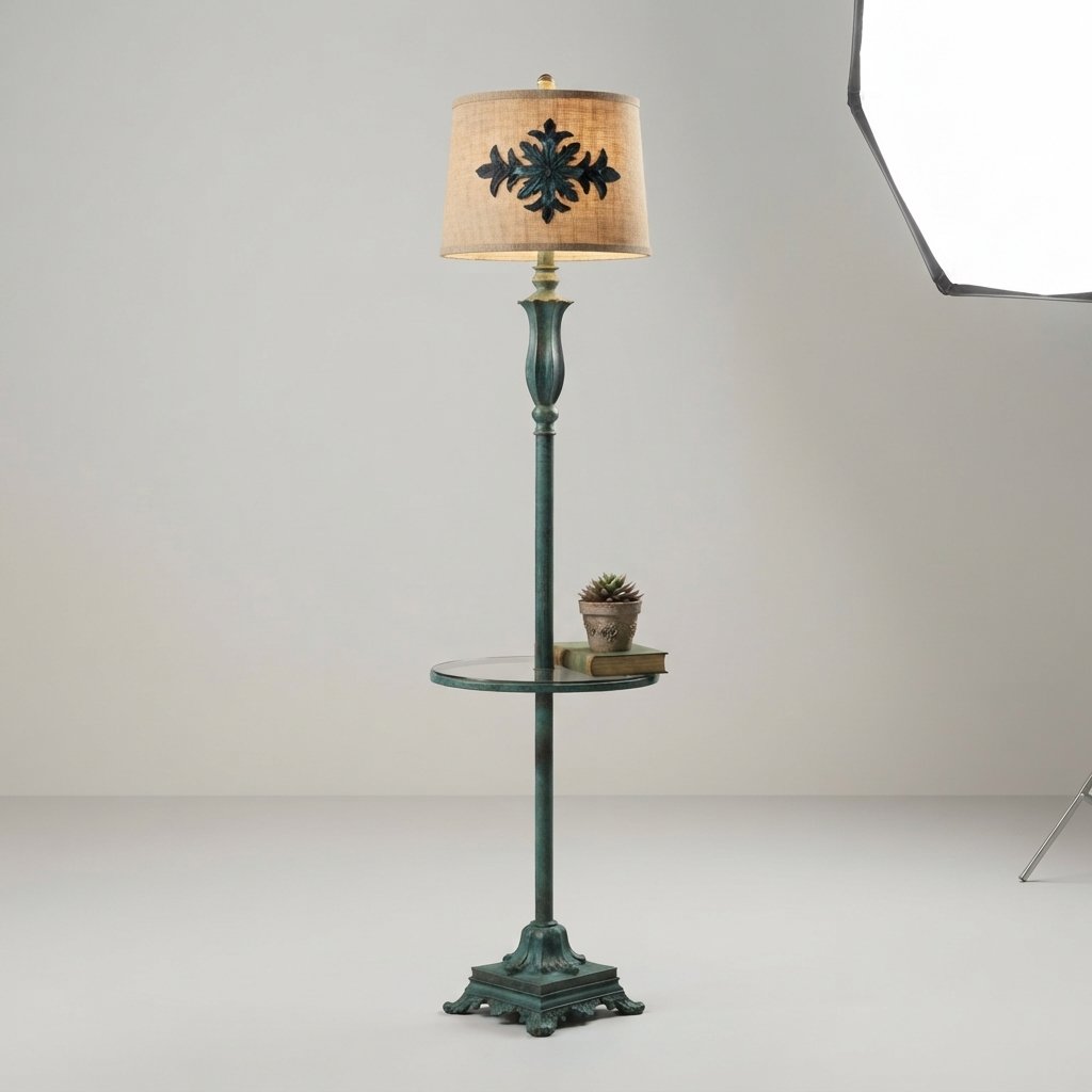 Vintage Floor Lamp with Glass Shelf, Green Resin & Metal — A