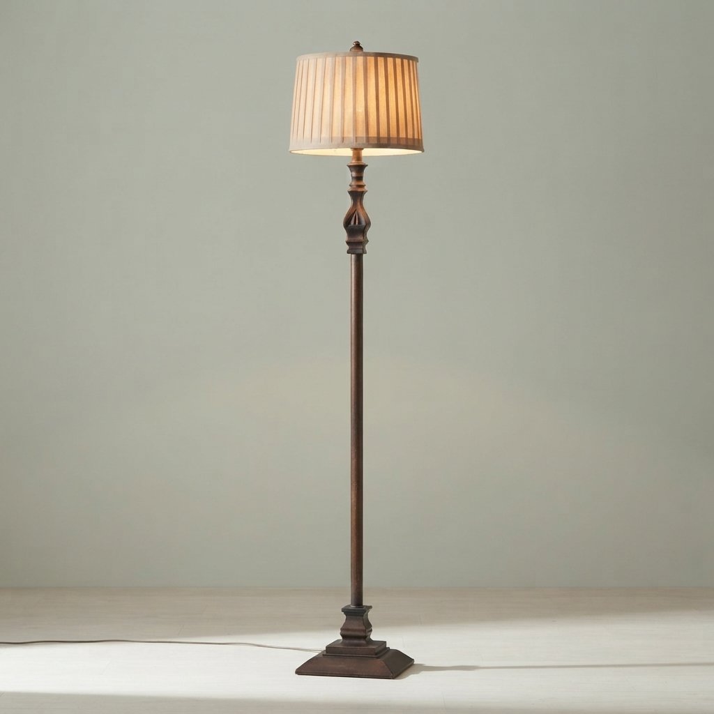 Vintage Floor Lamp with Pleated Fabric Shade, Brown — Height 150cm