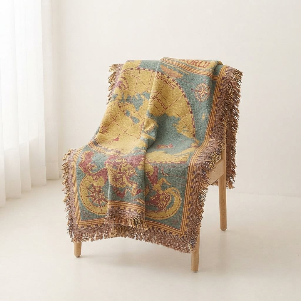 Vintage World Map Cotton Throw Blanket with Fringe — 130 × 180 Cm
