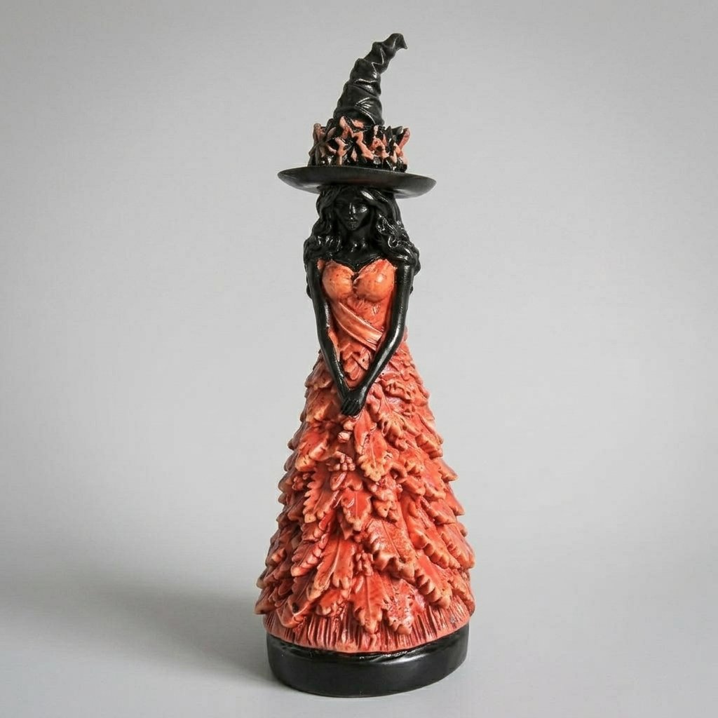 Witch figurine with leaf dress and pointed hat, gothic autumn decoration in four colours — Red