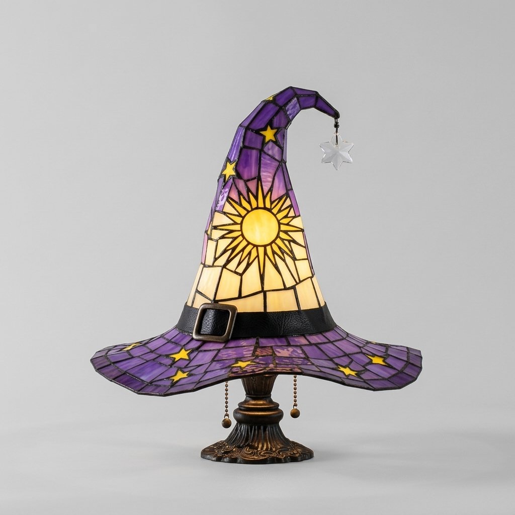 Witch Hat Tiffany-Style Stained Glass Accent Lamp with Star and Sun Motifs — Purple