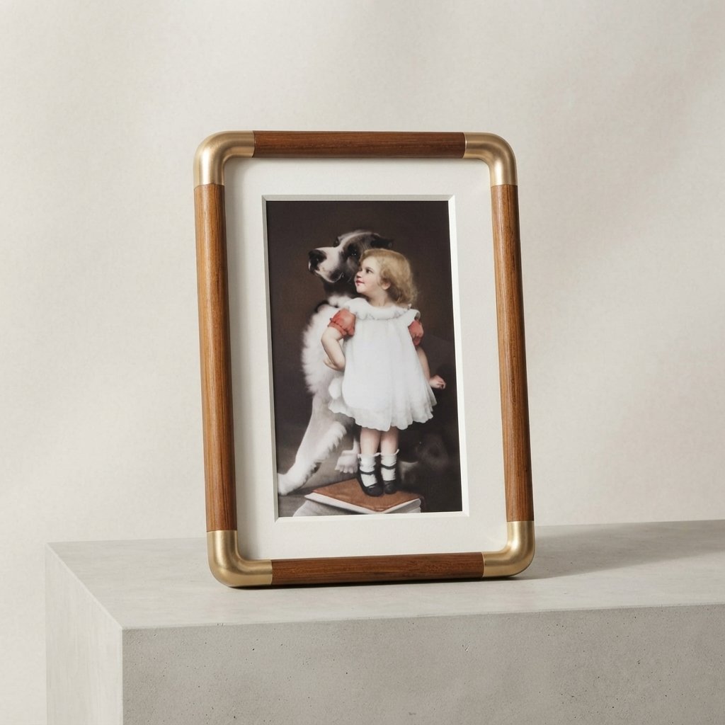 Wood & Brass Tabletop Photo Frame, Vintage Style — Teak