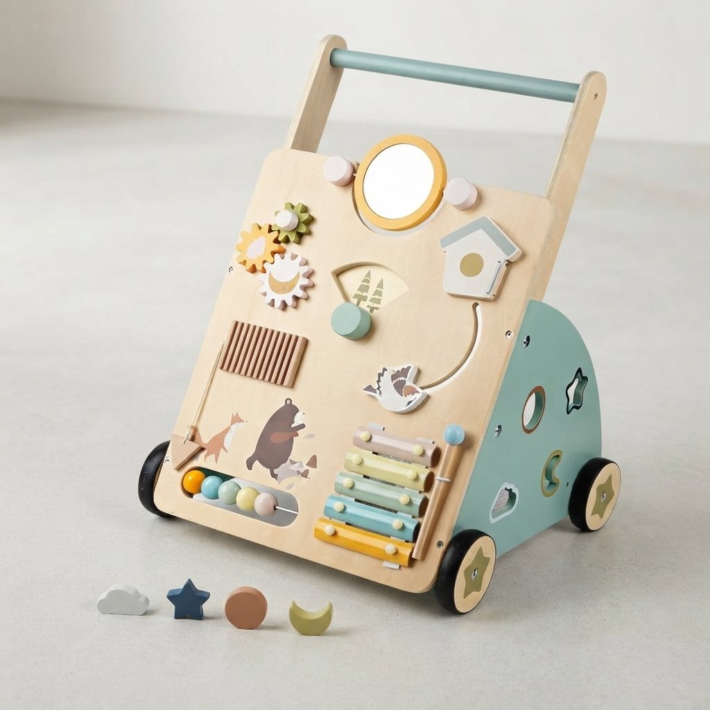 Wooden Baby Push Walker with Activity Board & Shape Sorter — 13.6 X 14.8 X 21 INCHES