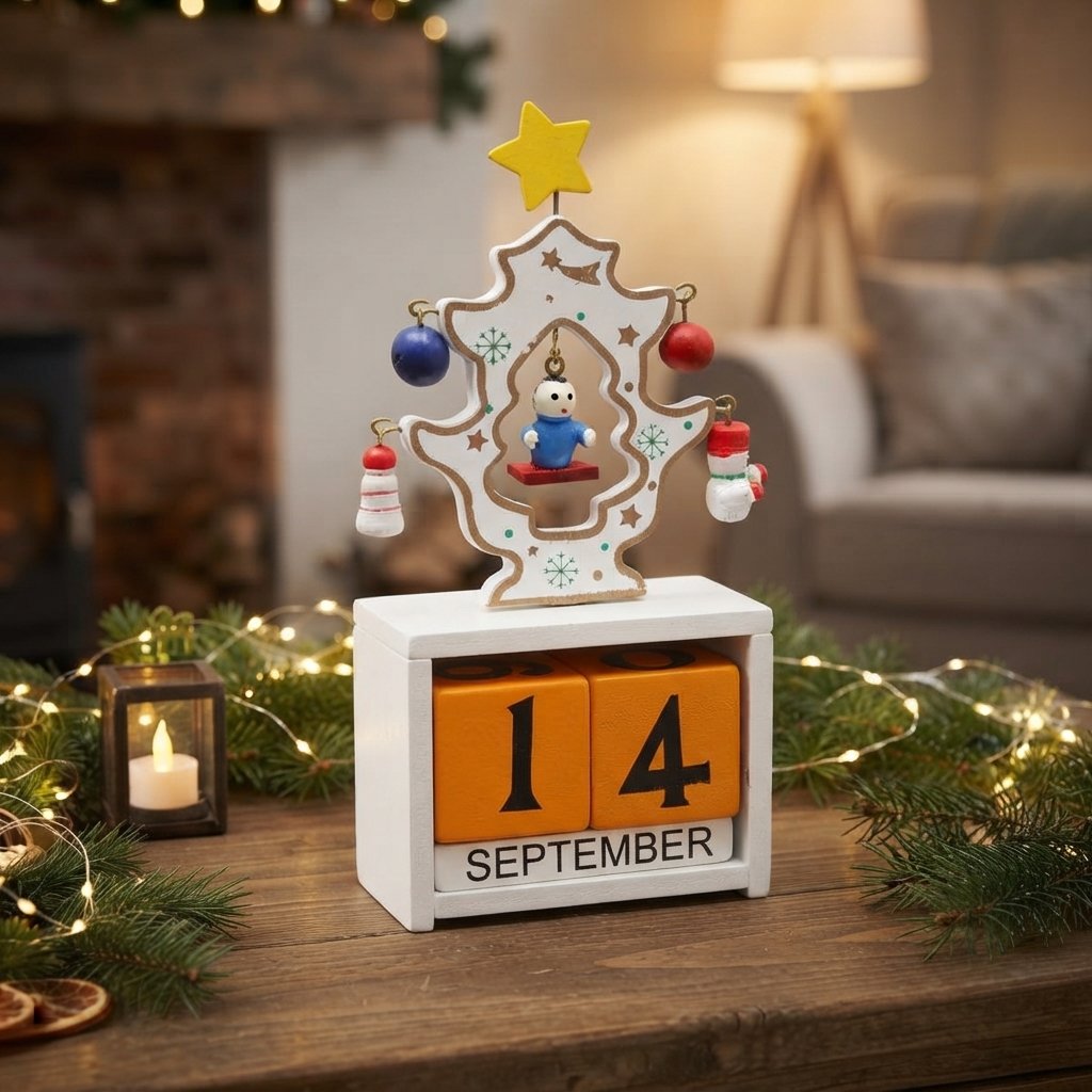 Wooden Christmas Countdown Calendar with Movable Date Blocks — White A