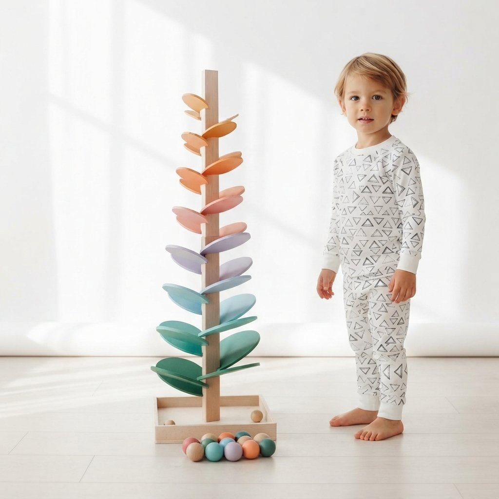 Wooden Marble Run Sound Tree – Rainbow Colour — Explorer Set 29 cm (Flower Sound Tree + 10 free balls)