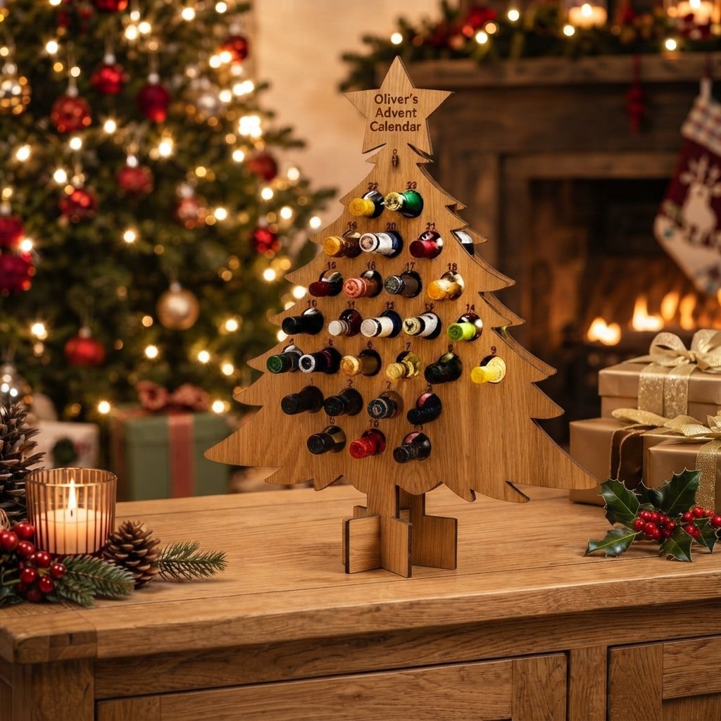 Wooden Mini-Bottle Advent Calendar Holder, 24 Slots — Tree