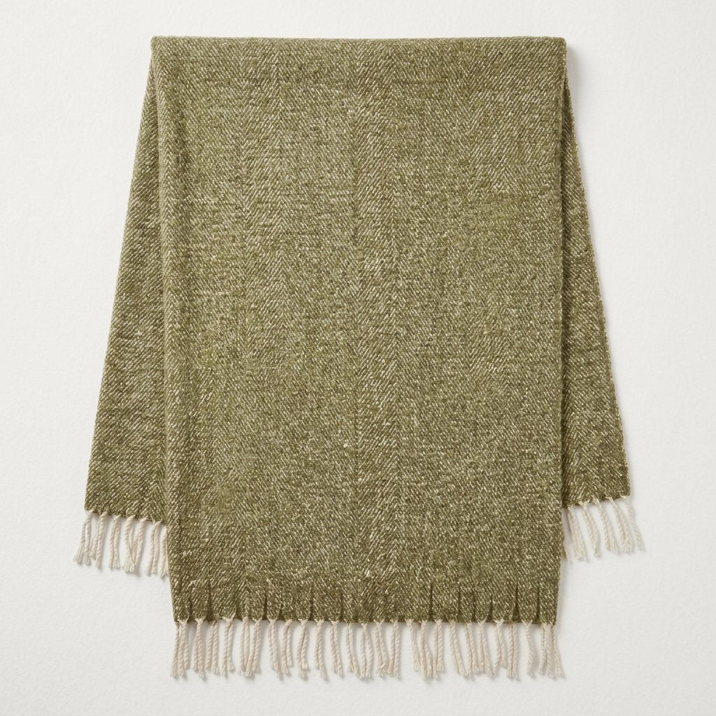 Woven Tasselled Throw with Herringbone Texture — Green