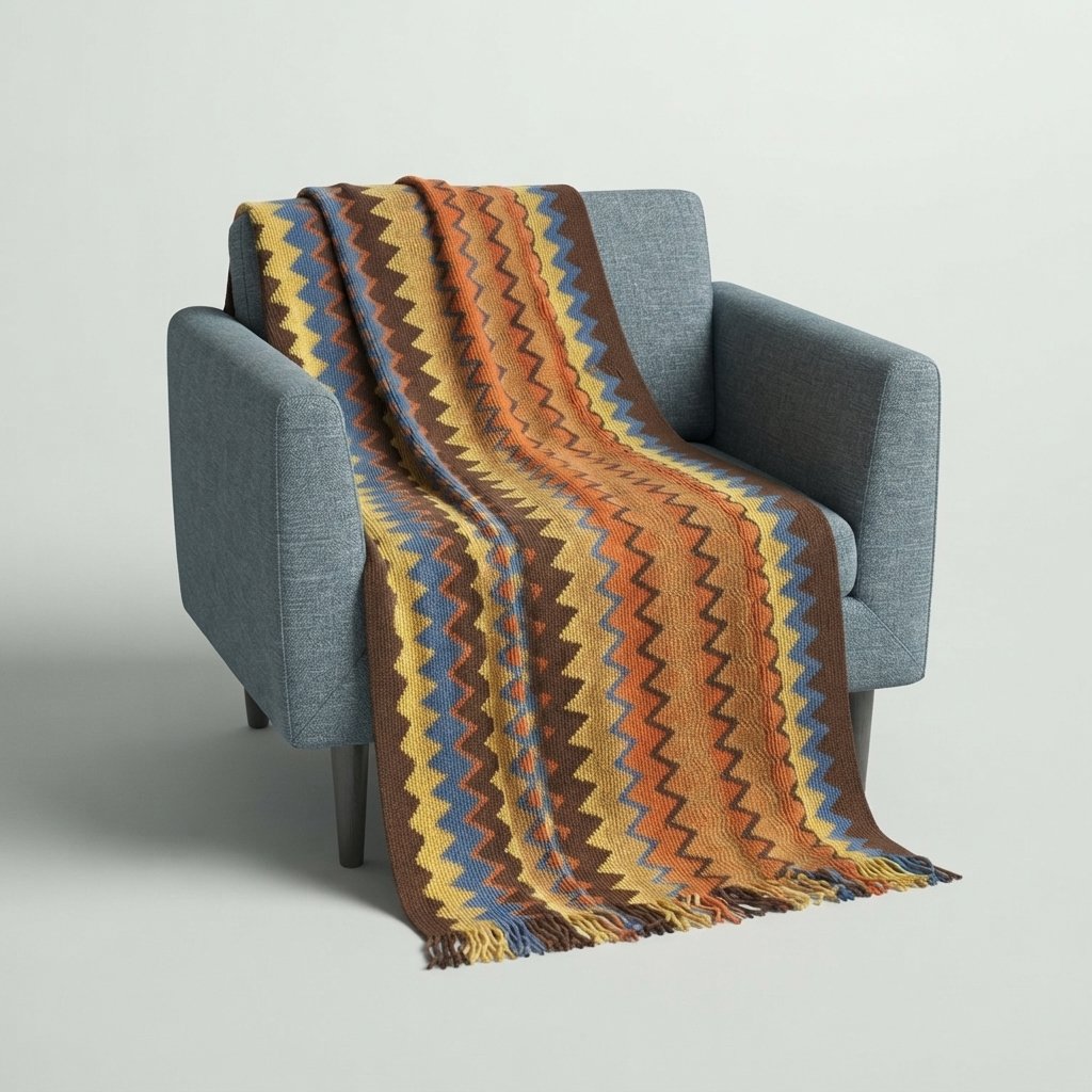 Zigzag Knitted Throw Blanket with Tassels, Boho Style — Orange