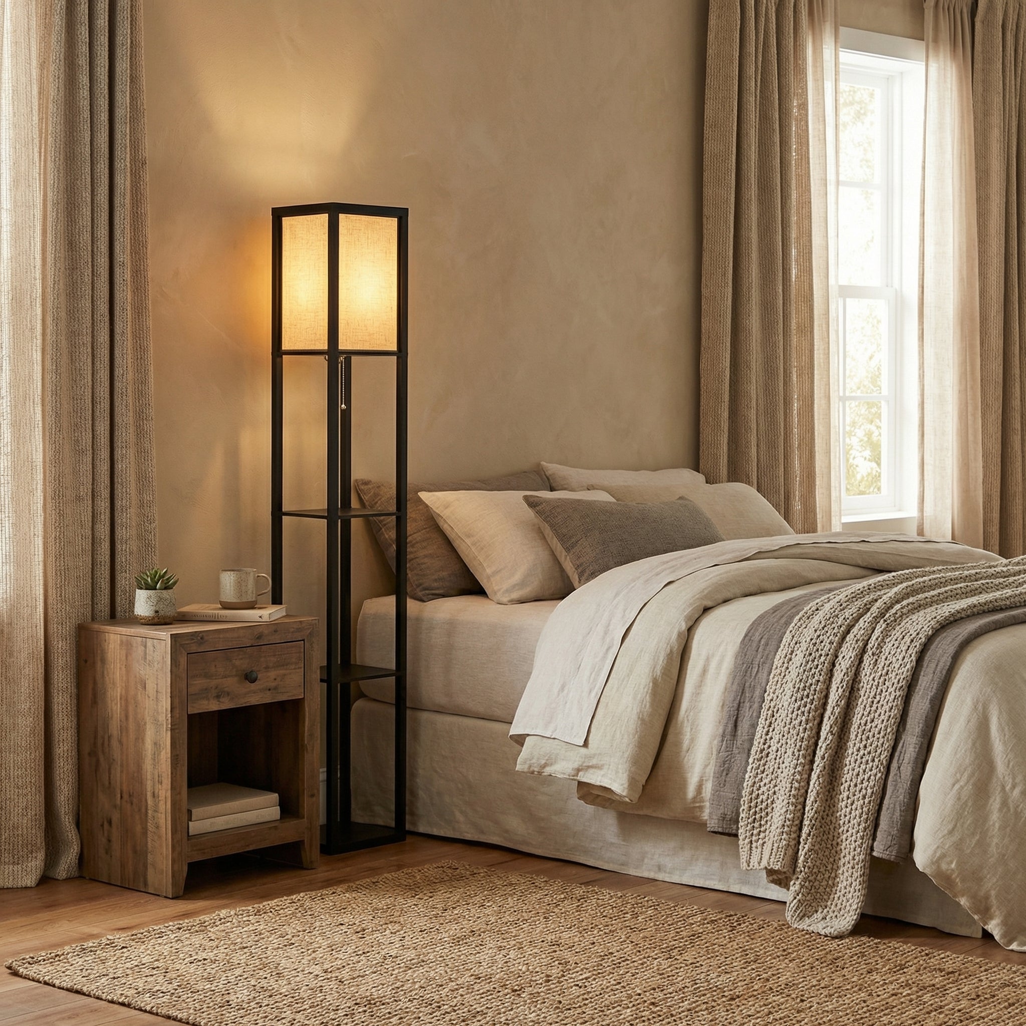 Floor Lamp with Fabric Shade and Integrated Storage Shelves