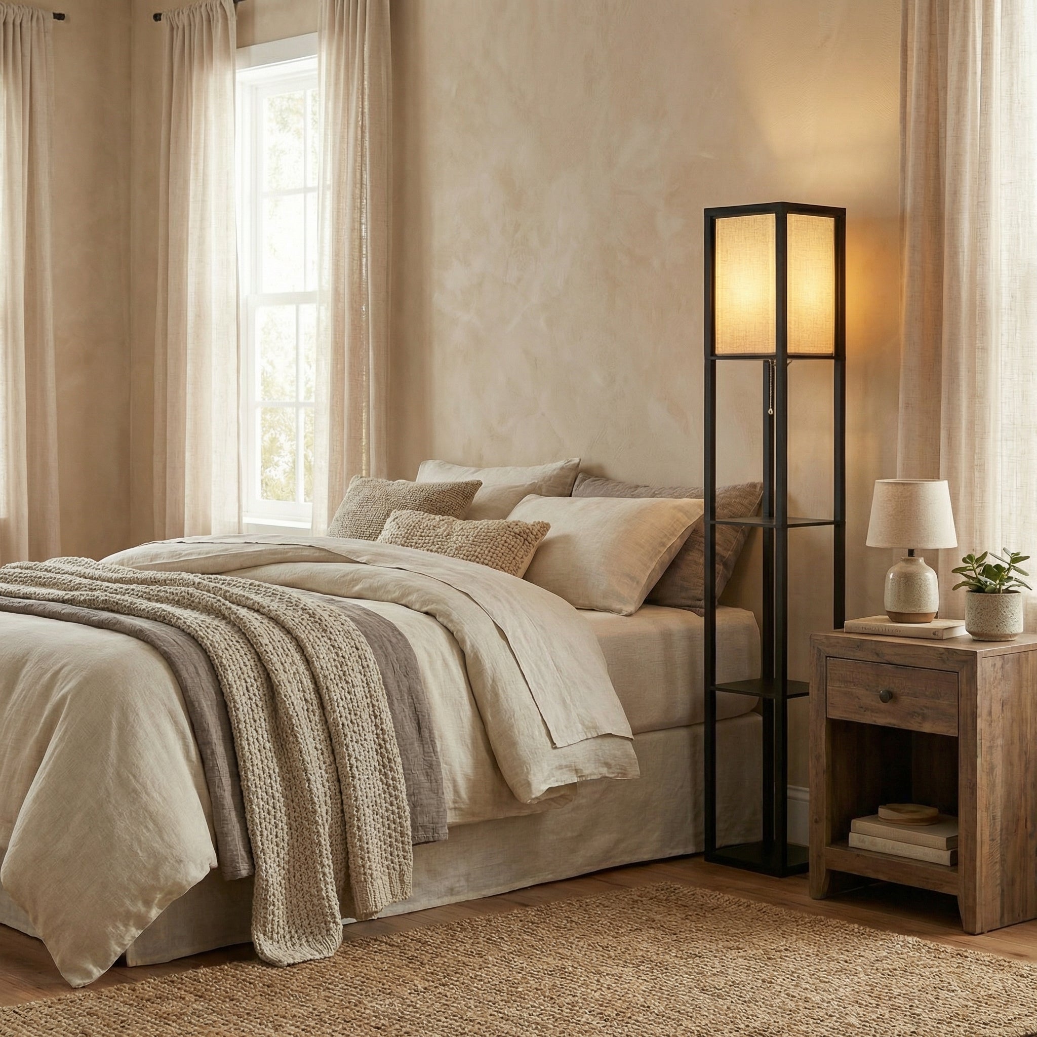 Floor Lamp with Fabric Shade and Integrated Storage Shelves