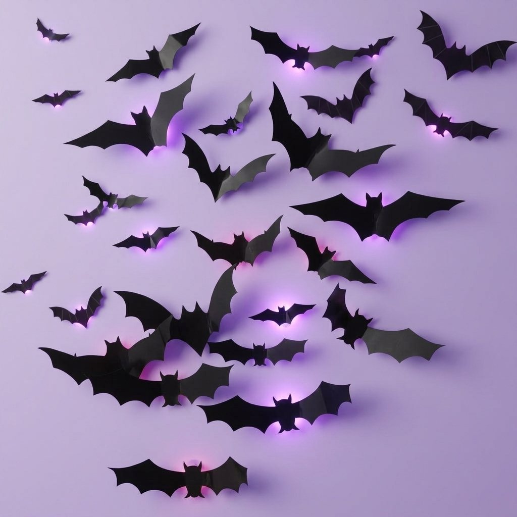 3D Bat Wall Decals with LED Backlights – Peel and Stick Halloween Wall Decoration — 24 pieces