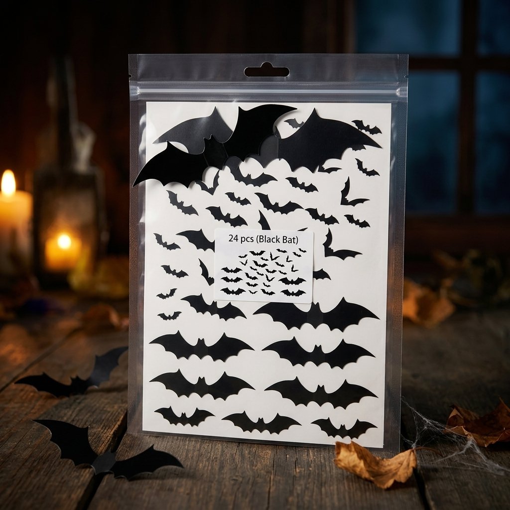 3D Foldable Bat Wall Stickers for Halloween Decoration – Peel and Stick, Reusable, Indoor Use — 24 pcs (Black Bat)