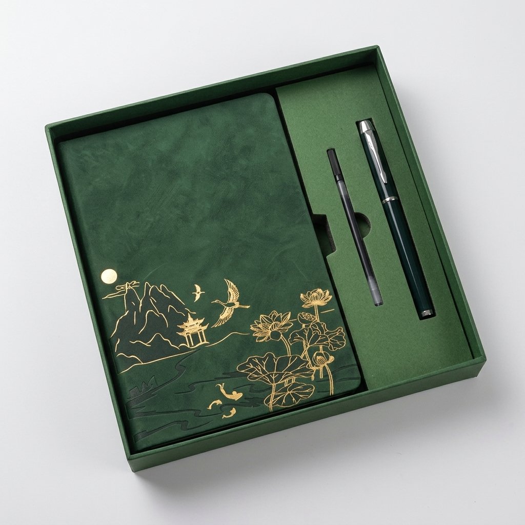A5 Notebook & Pen Gift Set with Gold Embossed Cover — Green