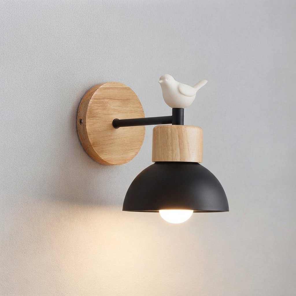 Bird Wall Light, Metal & Wood Sconce for Children's Room — Black