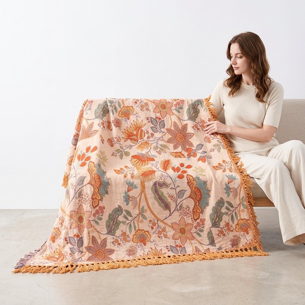 Boho Floral Tassel Throw Blanket – Woven Cotton Blend — 200x230cm