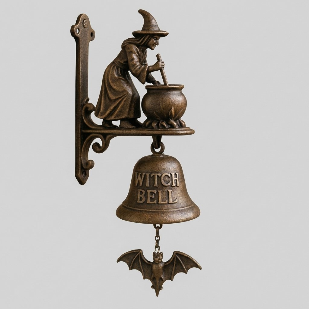 Cast Iron Witch Bell Wall Bracket – Decorative Door Bell with Bat Clapper — B