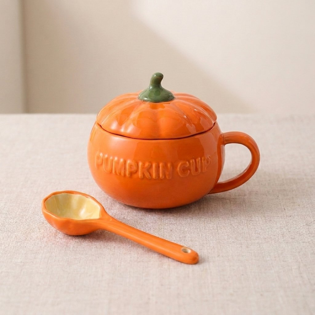 Ceramic Pumpkin Mug with Lid and Spoon – Seasonal Novelty Cup for Hot and Cold Drinks — 500ml
